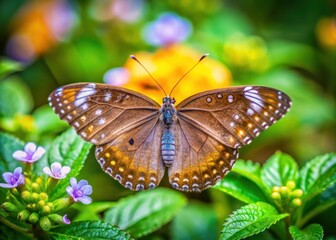 Naklejka premium Tiny butterfly wings spread wide in a delicate dance amidst dew-kissed leaves