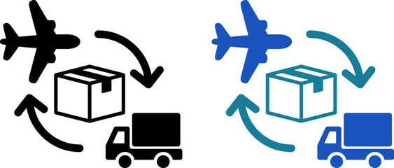 飛行機とトラックによる国際配送フローアイコン（International Shipping Flow with Airplane, Truck and Package Icon）
