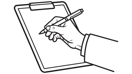 Hand signing medical clipboard consent form, vector line illustration of patient authorization, clinical documentation and recordkeeping