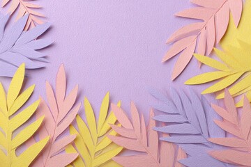 Pastel Fern Fronds Forming Border on Textured Pink Background Abstract Pattern of Colorful Leaves for Graphic Design and Invitations