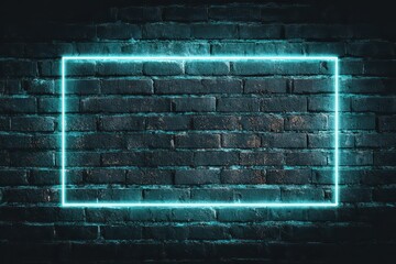 Glowing Cyan Neon Rectangle Frame on Dark Brick Wall with Shadow and Scattered Glitter Particles for Abstract Texture and Modern Background Effect