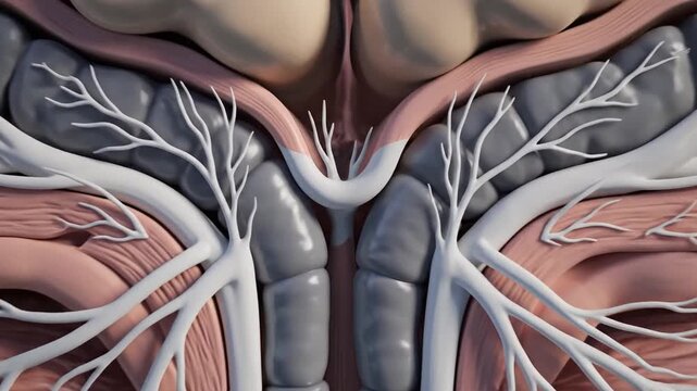 Cinematic medical visualization of human brain anatomy featuring a detailed cross section of the medulla oblongata and spinal cord with intricate neural pathways and biological structures.