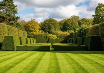 Formal garden with manicured hedges and striped lawn on a sunny day