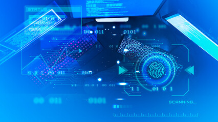 Futuristic blue digital interface with glowing HUD elements, biometric patterns, graphs, and scanning overlays, symbolizing advanced cybersecurity, AI systems, and data protection technology

