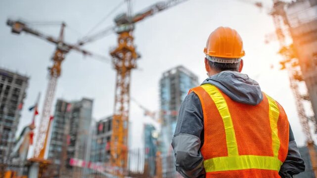 Construction Architect's Vision: The construction architect, helmeted and vested, gazes upon a burgeoning city skyline under a sunlit sky, embodying progress and urban transformation.