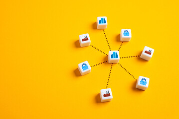 Minimal network diagram with central analytics icon linked to factory and warehouse blocks on a bright yellow background, representing connected data, logistics, and supply chain hubs

