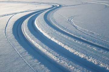 Snowy Landscape Featuring Curved Vehicle Tracks on Winter Day with Bright Sunlight Casting Shadows on Textured White Surface
