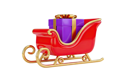 Red and gold sleigh with purple gift box