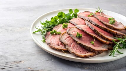 Thinly sliced roast beef on a white plate with fresh herbs