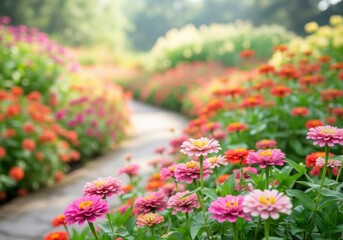 A winding garden path lined with vibrant pink, orange, and red zinnias in full bloom, creating a picturesque and colorful floral landscape