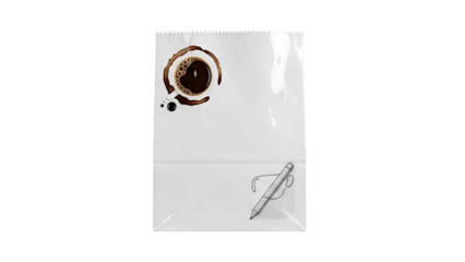 White paper bag with coffee and pencil illustration