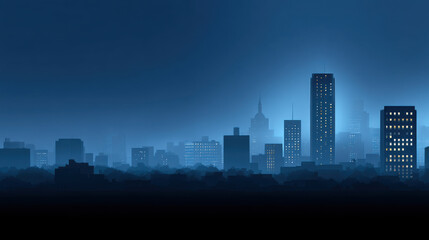 Obraz premium Night city skyline background with tall building, glowing window, urban silhouette, blue tone, peaceful atmosphere, modern architecture