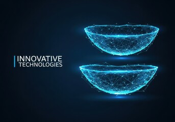 Abstract futuristic digital illustration of two glowing blue wireframe bowls or hemispheres against a dark blue background with text