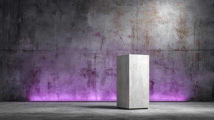 Minimalist Concrete Pedestal Under Purple Light Against Distressed Gray Wall And Floor Surface In Studio Setting Abstract And Modern Aesthetic