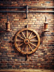 Obraz premium Vintage wooden wheel installation on exposed brick wall
