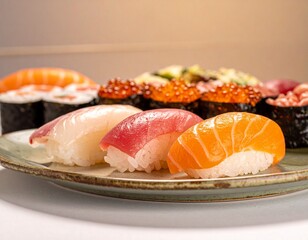 Variety of fresh sushi nigiri arranged on elegant plate.