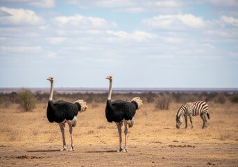 Two ostriches stand in a dry, grassy savanna landscape with a zebra grazing in the background under a vast blue sky with scattered clouds