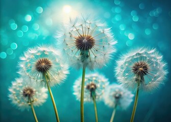 Obraz premium A close-up image of dandelion goatbeard flowers against a vibrant turquoise background with soft light and delicate shadows