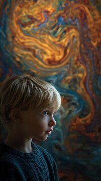 Young boy standing in front of a colorful abstract background with swirling patterns of orange, blue, and yellow.