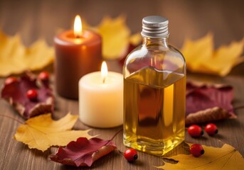 A bottle of essential oil with lit candles and autumn leaves on a wooden surface