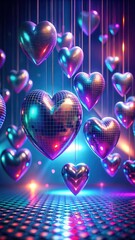 Iridescent hearts suspended in mid-air on a neon-lit background with geometric patterns and abstract shapes