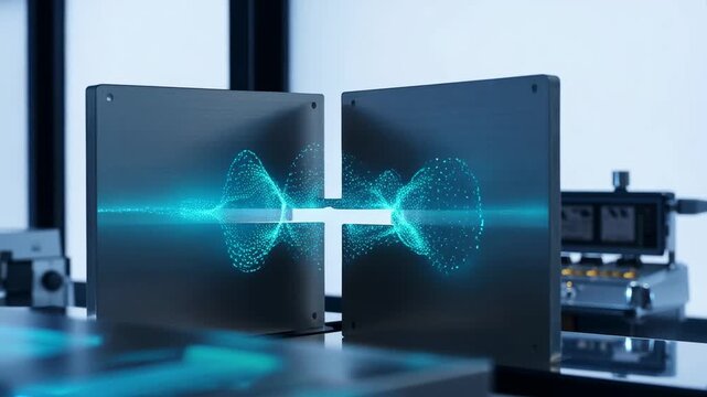 Two computer screens displaying quantum entanglement in a laboratory setting with laser equipment