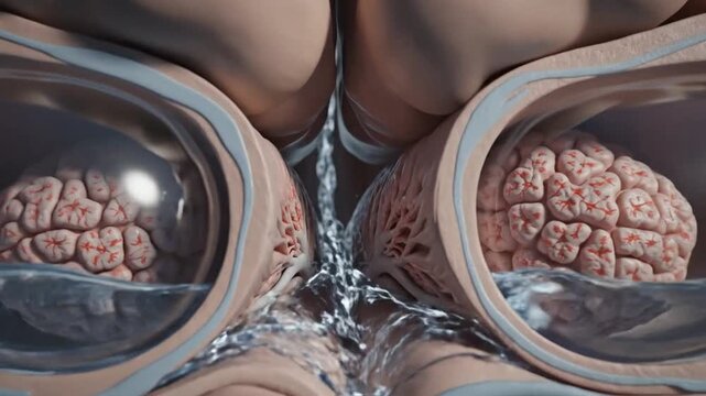 Cinematic slow motion cross section of human brain ventricle anatomy showing internal fluid cavity within the cerebral cortex for medical education and scientific visualization in high resolution.