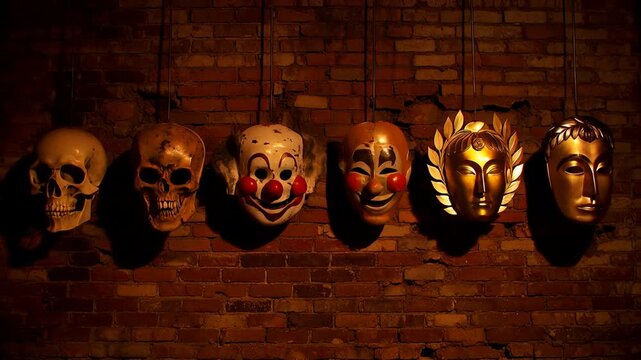 Various theatrical masks hanging on hooks against a dimly lit brick wall background, showcasing different characters
