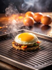 Sizzling egg on a griddle in a fast food restaurant kitchen