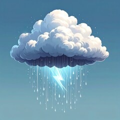 Animated image of a fluffy cloud releasing rain and a lightning bolt against a light blue sky