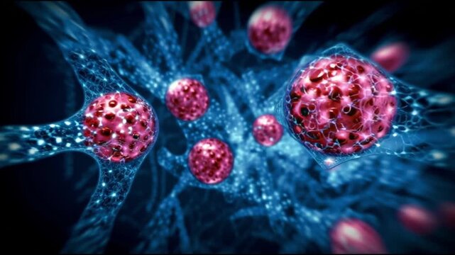 Digital virus simulation. Cyber visualization. Networked visualization. Virtual modeling. Colorful representation of cells in a microscopic view.