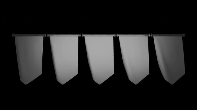 Five Blank White Flags Hanging on a Rod Against a transparent Background