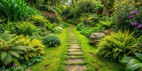 Mossy Stone Pathway Through Lush Green Garden with Ferns and Wildflowers