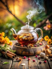 Steaming tea with dried fruits and flowers in a serene wooden teapot on a natural tea background