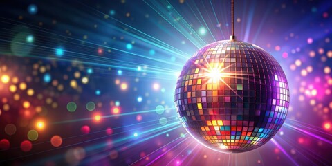 Colorful abstract disco ball suspended in mid-air against a dark background with twinkling lights and neon colors