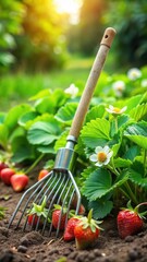 Metal rake on a garden bed with blooming strawberries and lush greenery