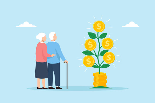 Flat illustration of elderly couple looking at money plant with gold coins representing retirement savings long term investment growth financial security passive income and wealth planning