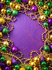 Vibrant purple background with glittering gold accents and colorful Mardi Gras beads scattered around