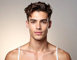 A portrait of a young man with styled brown hair and a clean-shaven face, looking directly at the viewer. He wears a simple white tank top