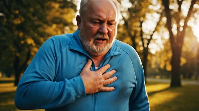 Cinematic slow motion of heavy male jogger experiencing painful chest seizure and myocardial infarction during exercise, highlighting obesity risks and medical emergency concept.