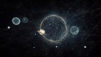Celestial bodies connected by a network of lines in space