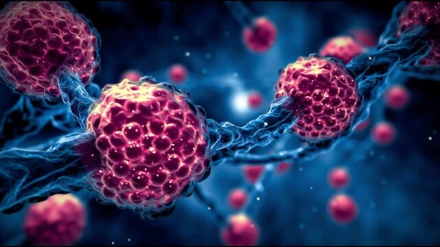 Digital virus simulation. Cyber visualization. Networked visualization. Virtual modeling. Colorful microscopic view of interconnected cells.