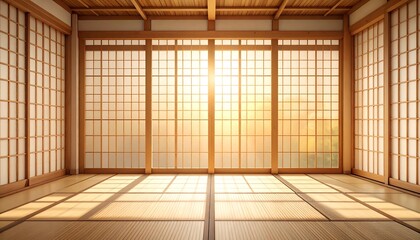 A serene interior, evoking Japanese aesthetics. Sunlight streams through paper-paneled screens onto a tatami-matted floor, creating a warm and inviting atmosphere