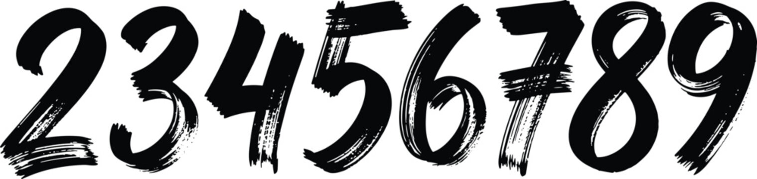 Brush stroke numbers from two to nine in bold black calligraphic handwritten style, isolated.
