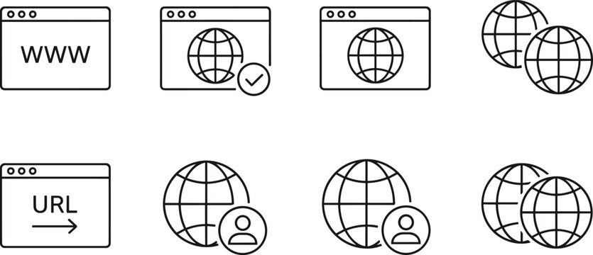 Internet and global network outline icons: WWW, URL, browser windows, earth, user, checkmark.