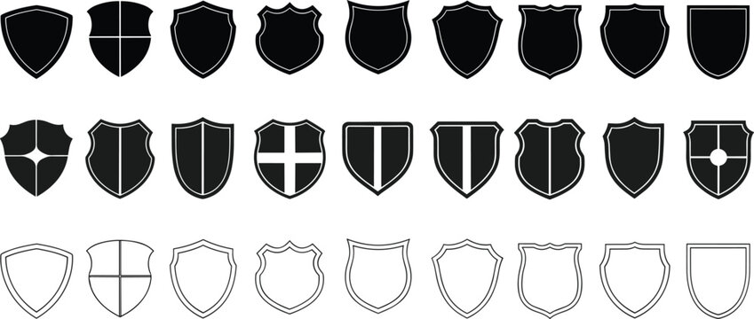 Collection of diverse shield emblems, crests, and badges in black and white vector graphics.
