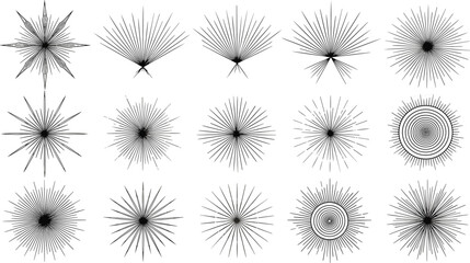 Collection of retro sunburst and starburst line art elements for vintage design projects. © Nafij World