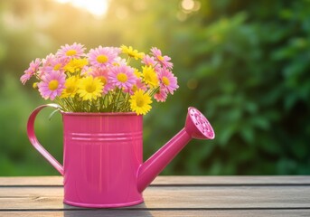 A vibrant pink watering can filled with cheerful yellow and pink daisies sits on a wooden table, bathed in warm sunlight