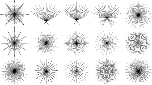 Collection of retro sunburst and starburst line art elements for vintage design projects.