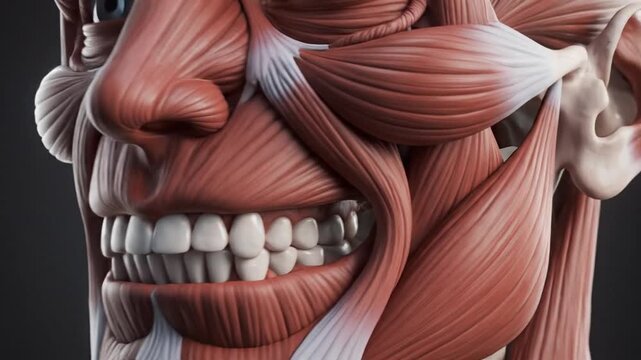 Cinematic visualization of human head muscular system anatomy lateral medical biology rendering illustration featuring right side facial muscle structure for scientific education high definition.